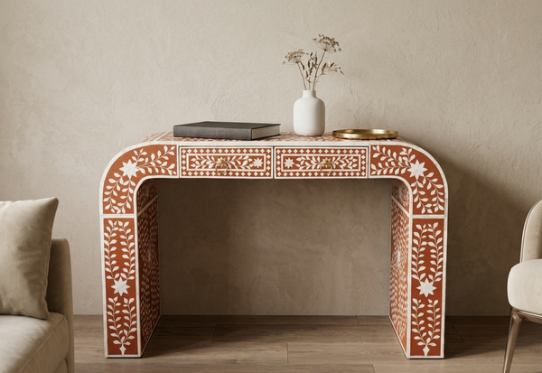Handmade orange floral bone inlay U-shaped console table with two drawers