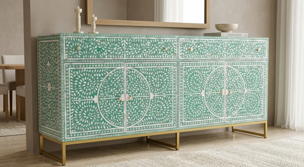 Sea green Mother of Pearl inlay buffet cabinet with 2 drawers and 4 doors