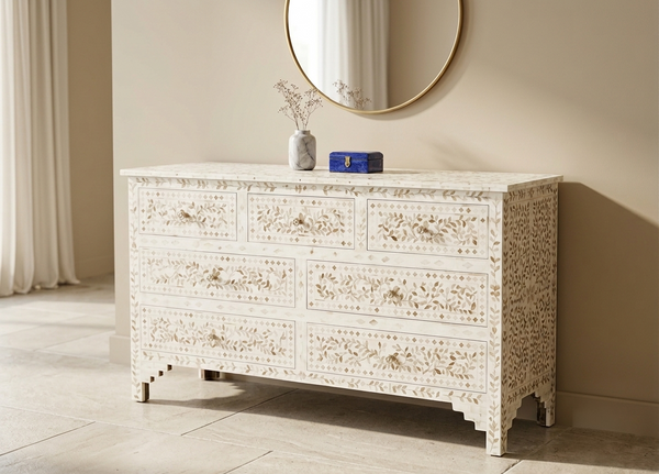 Handcrafted white Mother of Pearl inlay 7 drawer chest with floral design