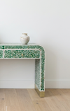 Handcrafted Green Mother of Pearl Inlay U Console Table with 2 Drawers – Floral Design Luxury Entryway & Hallway Furniture