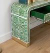 Handcrafted Green Mother of Pearl Inlay U Console Table with 2 Drawers – Floral Design Luxury Entryway & Hallway Furniture