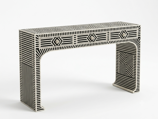 Handcrafted Black & White Bone Inlay 3 Drawer Console Table – Geometric Design