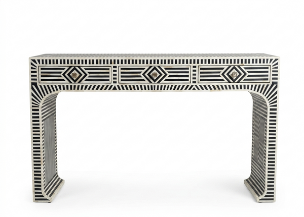 Handcrafted Black & White Bone Inlay 3 Drawer Console Table – Geometric Design