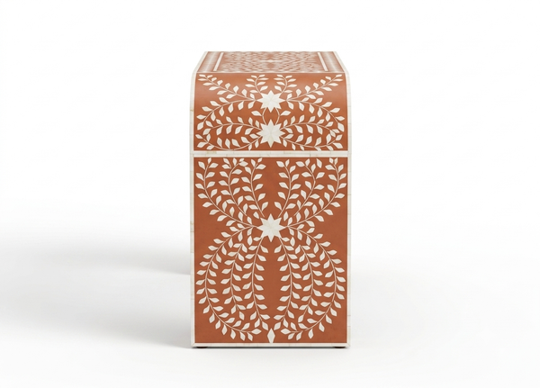Handmade Bone Inlay Floral U-Shaped Console Table with 2 Drawers – Orange