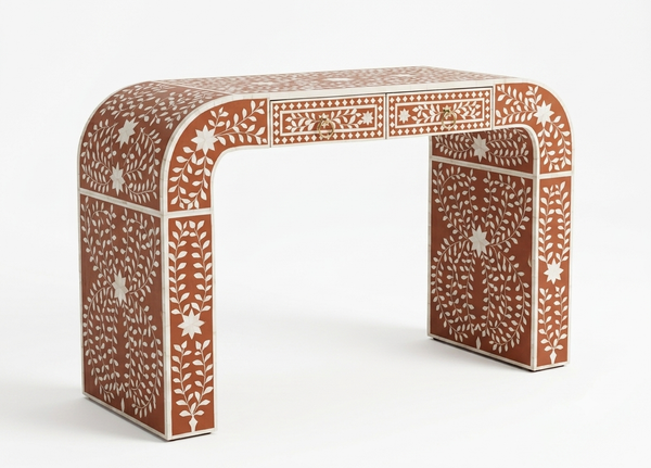 Handmade Bone Inlay Floral U-Shaped Console Table with 2 Drawers – Orange