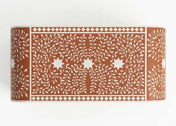 Handmade Bone Inlay Floral U-Shaped Console Table with 2 Drawers – Orange