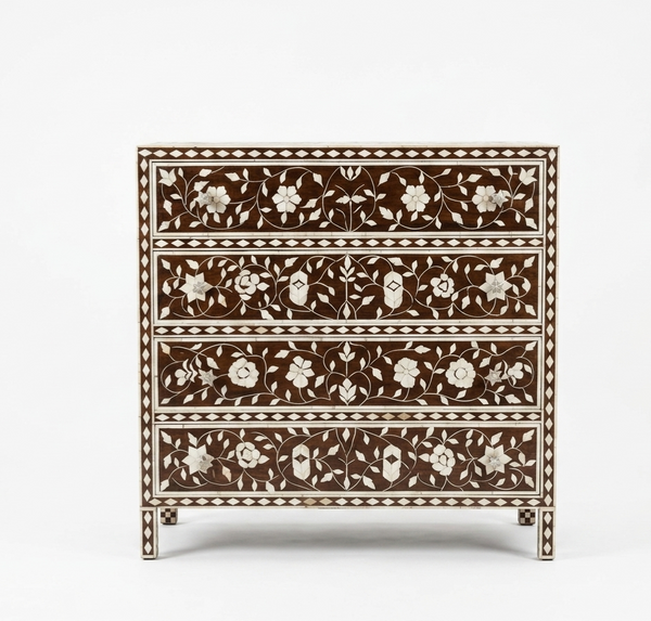 Brown Bone Inlay 4 Drawer Chest – Handcrafted Floral Dresser