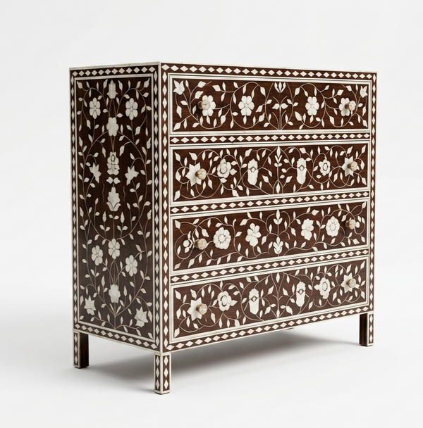 Brown Bone Inlay 4 Drawer Chest – Handcrafted Floral Dresser