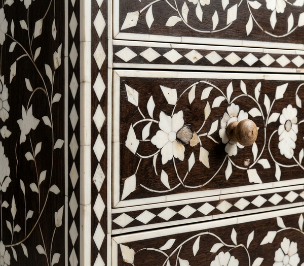 Brown Bone Inlay 4 Drawer Chest – Handcrafted Floral Dresser