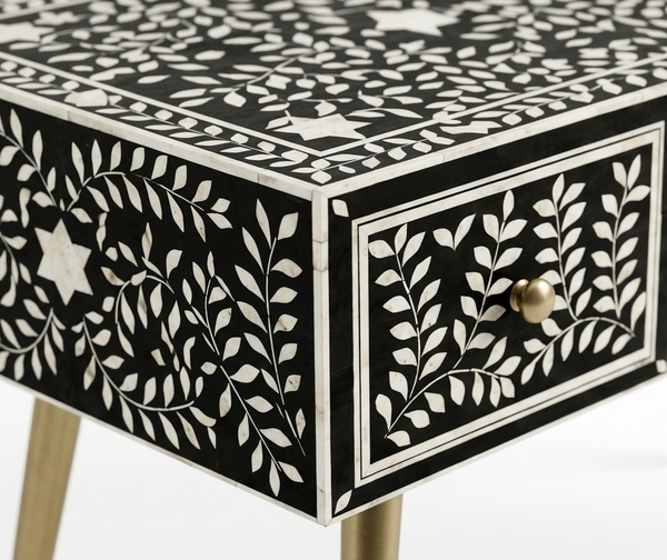 Black & White Bone Inlay 2 Drawer Work Desk – Handcrafted Writing Desk
