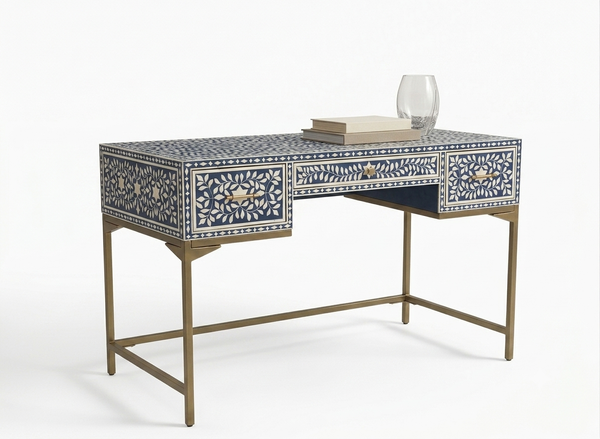 Handcrafted Blue Bone Inlay 3 Drawer Work Desk & Writing Table