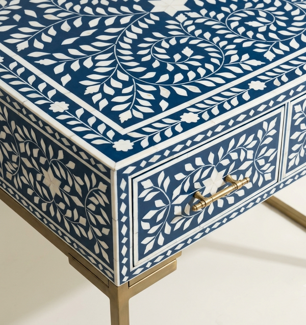 Handcrafted Blue Bone Inlay 3 Drawer Work Desk & Writing Table