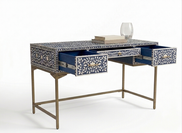 Handcrafted Blue Bone Inlay 3 Drawer Work Desk & Writing Table