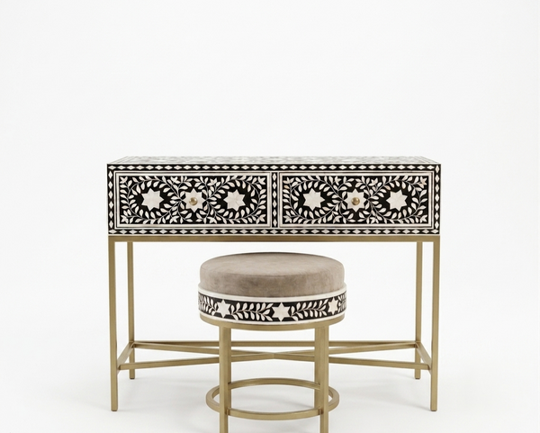 Handcrafted Black Bone Inlay 2 Drawer Console Table with Round Stool – Floral Design