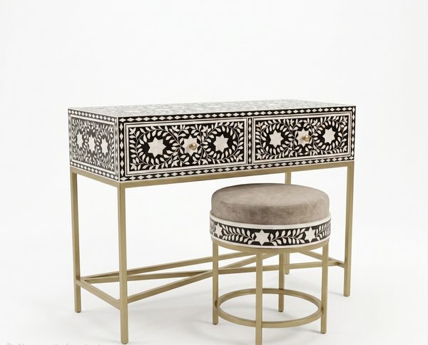 Handcrafted Black Bone Inlay 2 Drawer Console Table with Round Stool – Floral Design