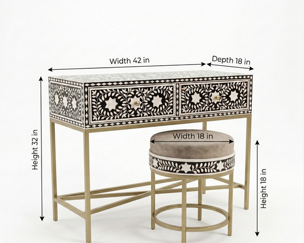 Handcrafted Black Bone Inlay 2 Drawer Console Table with Round Stool – Floral Design