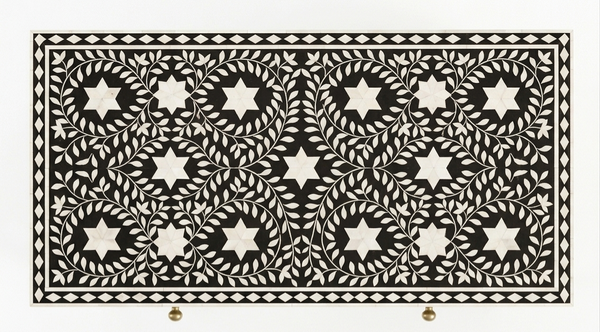 Handcrafted Black Bone Inlay 2 Drawer Console Table with Round Stool – Floral Design