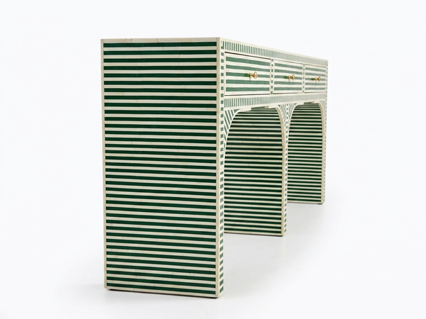 Handcrafted Green Bone Inlay 3 Drawer Console Table – Striped Entryway Table