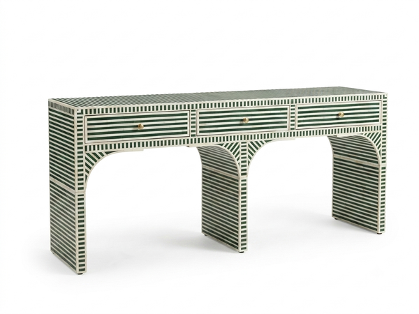 Handcrafted Green Bone Inlay 3 Drawer Console Table – Striped Entryway Table