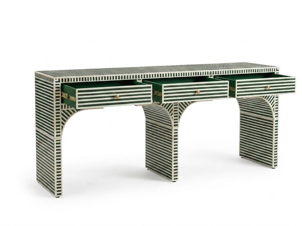 Handcrafted Green Bone Inlay 3 Drawer Console Table – Striped Entryway Table
