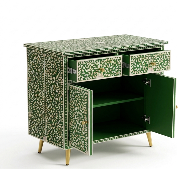 Handcrafted Green Mother of Pearl Inlay 2 Drawer 2 Door Buffet Cabinet