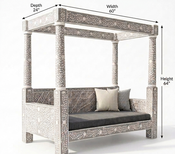 Handcrafted Grey Bone Inlay Canopy Daybed – Floral Design Luxury Furniture