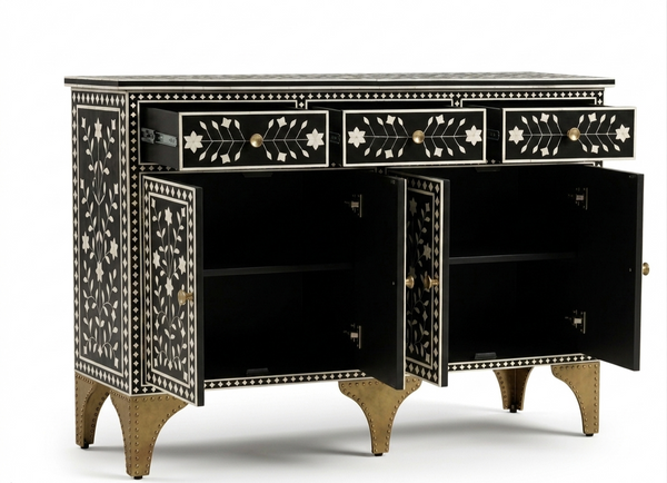 Handcrafted Black Bone Inlay 3 Drawer 4 Door Buffet Cabinet – Floral Sideboard