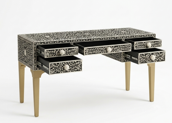 Handcrafted Black Bone Inlay 5 Drawer Work Desk – Floral Writing & Office Desk
