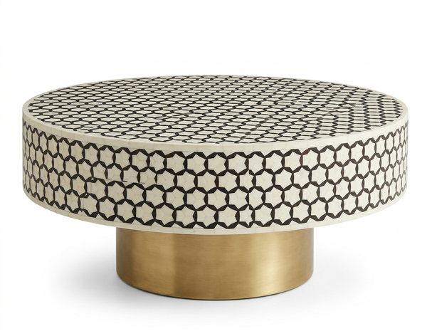Handcrafted Bone Inlay Round Coffee Table – Black Targo Design with Brass Base