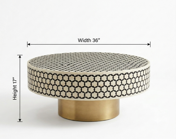 Handcrafted Bone Inlay Round Coffee Table – Black Targo Design with Brass Base