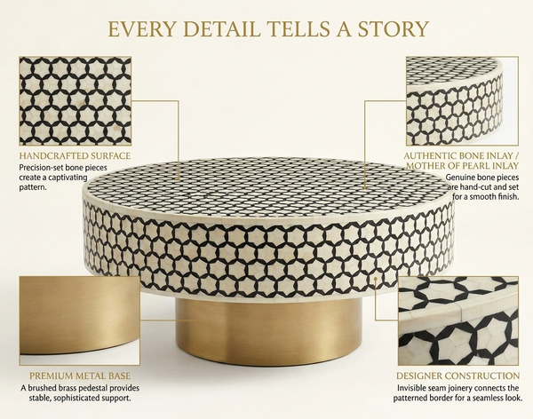 Handcrafted Bone Inlay Round Coffee Table – Black Targo Design with Brass Base