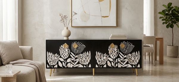 Handcrafted Mother of Pearl Inlay 4 Door TV Unit Media Cabinet – Black Floral Design