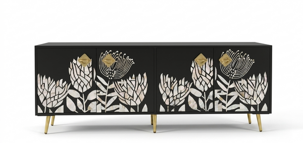 Handcrafted Mother of Pearl Inlay 4 Door TV Unit Media Cabinet – Black Floral Design