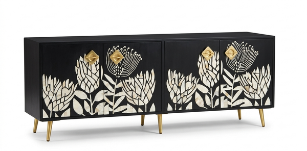 Handcrafted Mother of Pearl Inlay 4 Door TV Unit Media Cabinet – Black Floral Design