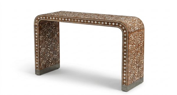 Handcrafted Teak Wood & Mother of Pearl Inlay U-Shape Console Table