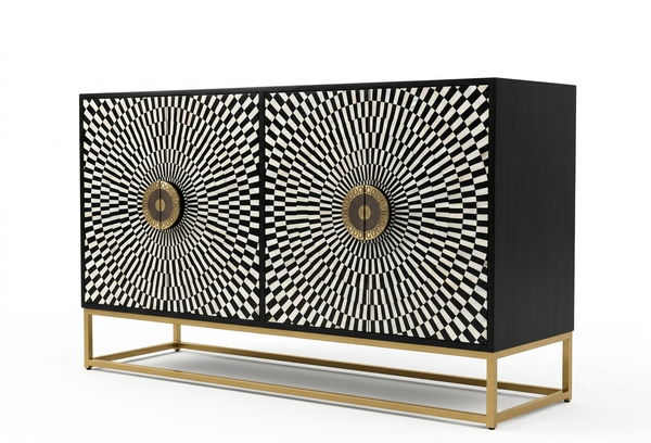 Handmade Bone Inlay 4 Door Cabinet – Black & White Geometric Sideboard