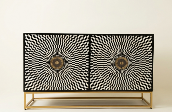 Handmade Bone Inlay 4 Door Cabinet – Black & White Geometric Sideboard