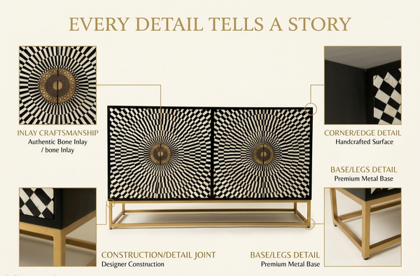 Handmade Bone Inlay 4 Door Cabinet – Black & White Geometric Sideboard