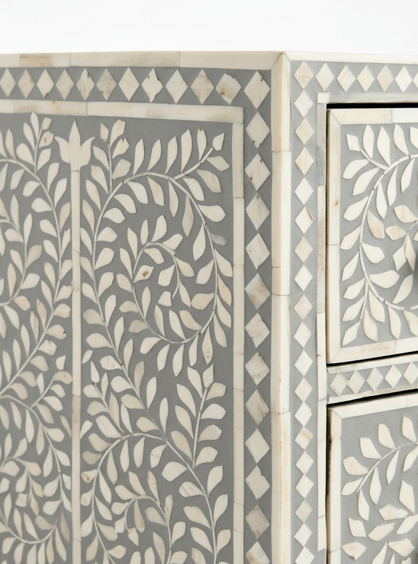Handcrafted Bone Inlay 6 Drawer Chest – Grey & White Floral Design