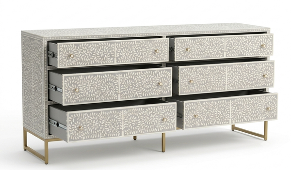 Handcrafted Bone Inlay 6 Drawer Chest – Grey & White Floral Design