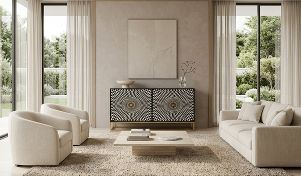 Handmade Bone Inlay 4 Door Cabinet – Black & White Geometric Sideboard