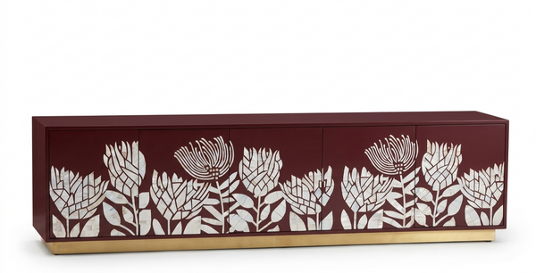 Handcrafted Mother of Pearl Inlay Brown 5 Door TV Unit – Luxury Floral Design Media Console Cabinet with Brass Stand for Living Room