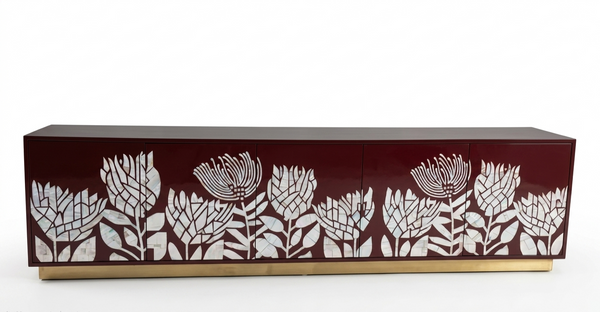 Handcrafted Mother of Pearl Inlay Brown 5 Door TV Unit – Luxury Floral Design Media Console Cabinet with Brass Stand for Living Room