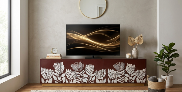 Handcrafted Mother of Pearl Inlay Brown 5 Door TV Unit – Luxury Floral Design Media Console Cabinet with Brass Stand for Living Room