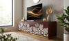 Handcrafted Mother of Pearl Inlay Brown 5 Door TV Unit – Luxury Floral Design Media Console Cabinet with Brass Stand for Living Room