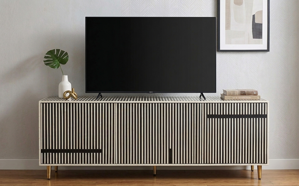 Handmade Bone Inlay 3 Door TV Unit Media Cabinet – Black & White