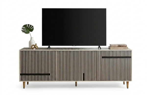 Handmade Bone Inlay 3 Door TV Unit Media Cabinet – Black & White