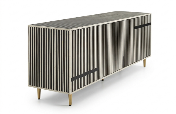 Handmade Bone Inlay 3 Door TV Unit Media Cabinet – Black & White