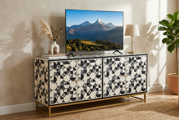 Handmade Bone Inlay 4 Door TV Unit Media Cabinet – Black & White 3D Geometric Design