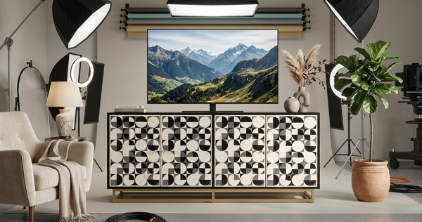 Handmade Bone Inlay 4 Door TV Unit Media Cabinet – Black & White 3D Geometric Design